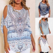 Sexy Off-shoulder Short Sleeve Round Neck Printed Top
