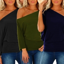 Sexy Oblique Shoulder Asymmetric Sleeve Solid Color T-shirt 