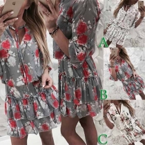 Sweet Style Half Sleeve V-neck Ruffle Hem Printed Dress