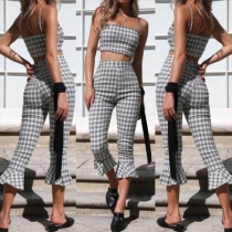 Sexy Backless Sling Plaid Crop Top + High Waist Pants Two-piece Set