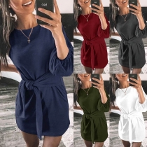 Fashion Solid Color Lantern Sleeve Round Neck Lace-up Dress