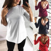 Sexy Backless Long Sleeve Mock Neck Solid Color T-shirt 