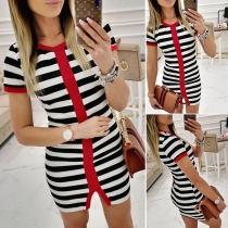 Fashion Contrast Color Short Sleeve Slim Fit Striped Dress