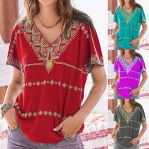 Fashion Short Sleeve V-neck Printed T-shirt