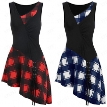 Fashion Sleeveless V-neck Irregular Hem Plaid Spliced Dress