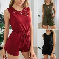 Fashion Solid Color Sleeveless Round Neck Ripped Romper