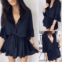 Fashion Solid Color Trumpet Sleeve Stand Collar Dress