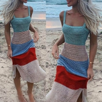 Sexy Backless Slit Hem Contrast Color Sling Knit Dress