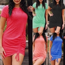 Fashion Solid Color Short Sleeve Drawstring Hem Dress