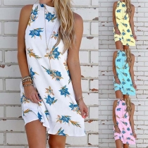 Sexy Backless Sleeveless Halter Printed Dress