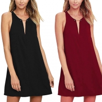 Fashion Solid Color Sleeveless V-neck Loose Dress