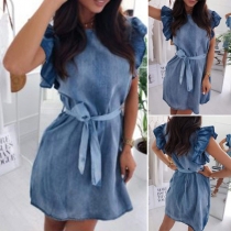 Fashion Lotus Sleeve Round Neck Denim Dress