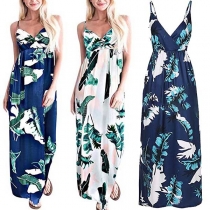 Sexy Backless V-neck Printed Sling Maxi Dress