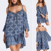 Sexy Off-shoulder Trumpet Sleeve V-neck Printed Sling Dress