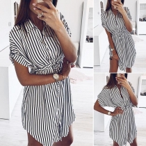 Fashion Short Sleeve POLO Collar Striped Shirt Dress