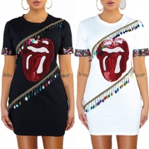 Fashion Sequin Spliced Short Sleeve Round Neck Dress