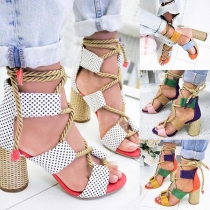 Fashion Contrast Color Thick High-heeled Lace-up Sandals