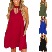 Sexy Hollow Out Sleeveless Solid Color Dress