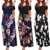 Sexy Off-shoulder Short Sleeve Printed Spliced Maxi Dress