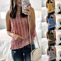 Fashion Sleeveless Round Neck Irregular Ruffle Hem Striped Top