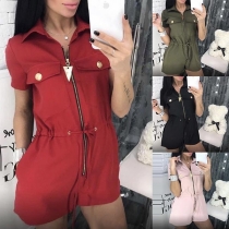 Fashion Solid Color Short Sleeve POLO Collar Romper