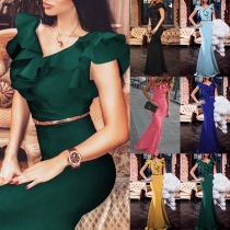 Elegant Solid Color High Waist Ruffle Party Dress