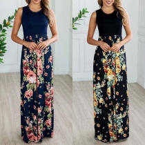 Fashion Sleeveless Round Neck Lace Spliced Printed Maxi Dress