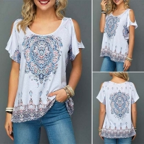 Sexy Off-shoulder Short Sleeve Round Neck Printed T-shirt