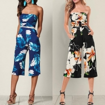 Sexy Strapless Wide-leg Self-tie Floral Print Jumpsuit