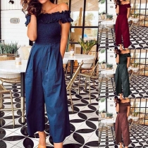 Sexy Lace Spliced Boat Neck High Waist Jumpsuit