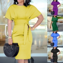 Trendy Style Solid Color Round Neck Self-tie Short Sleeve Slim-fit Dress