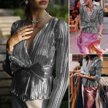Trendy Solid Color V-neck Bow-knot Slim-fit Long Sleeve Blouse