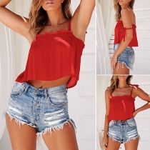 Trendy Style Ruffled Trim Self Tie Shoulder Solid Color Cami Top