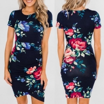 Fashion Short Sleeve Irregular Hem Slim Fit Printed Dress