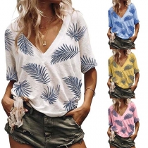 Fashion Short Sleeve V-neck Printed T-shirt 