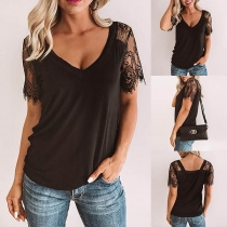 Sexy V-neck Lace Spliced Short Sleeve T-shirt 