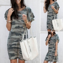 Fashion Lotus Sleeve Round Neck Camouflage Printed Dress