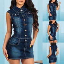 Fashion Sleeveless POLO Collar Slim Fit Denim Dress