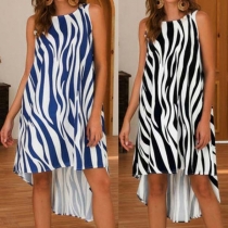 Fashion Sleeveless Round Neck High-low Hem Striped Dress