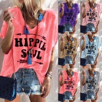 Fashion Letters Printed Short Sleeve V-neck Loose T-shirt
