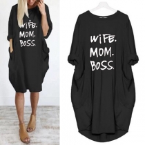 Fashion Letters Printed Long Sleeve Loose T-shirt Dress