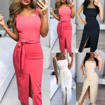 Sexy Slit Hem Solid Color High Waist Slim Fit Sling Dress