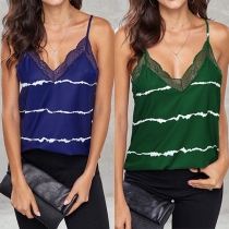 Sexy Backless V-neck Lace Spliced Striped Cami Top