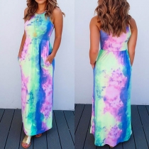 Fashion Sleeveless Round Neck Tie-dye Printed Dress