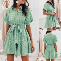 Fresh Style Short Sleeve POLO Collar Plaid Dress