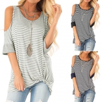Sexy Off-shoulder Short Sleeve Irregular Hem Striped T-shirt 