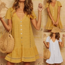 Fashion Short Sleeve V-neck Front-button Dress