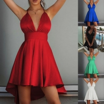 Sexy Backless V-neck High-low Hem Solid Color Sling Dress