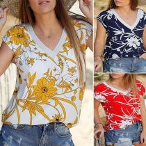 Fashion Short Sleeve V-neck Printed T-shirt