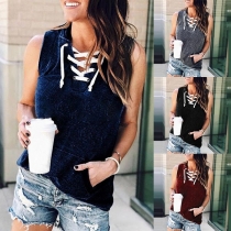 Fashion Solid Color Lace-up V-neck Sleeveless Top